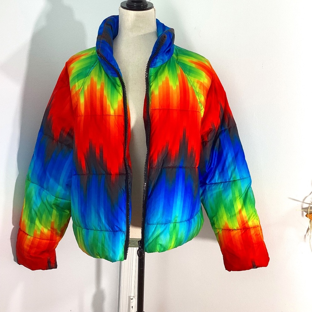 TOPSHOP SIZE 8 QUILTED PUFFER JACKET RAINBOW TIY DIE SPORT SKI MODERN